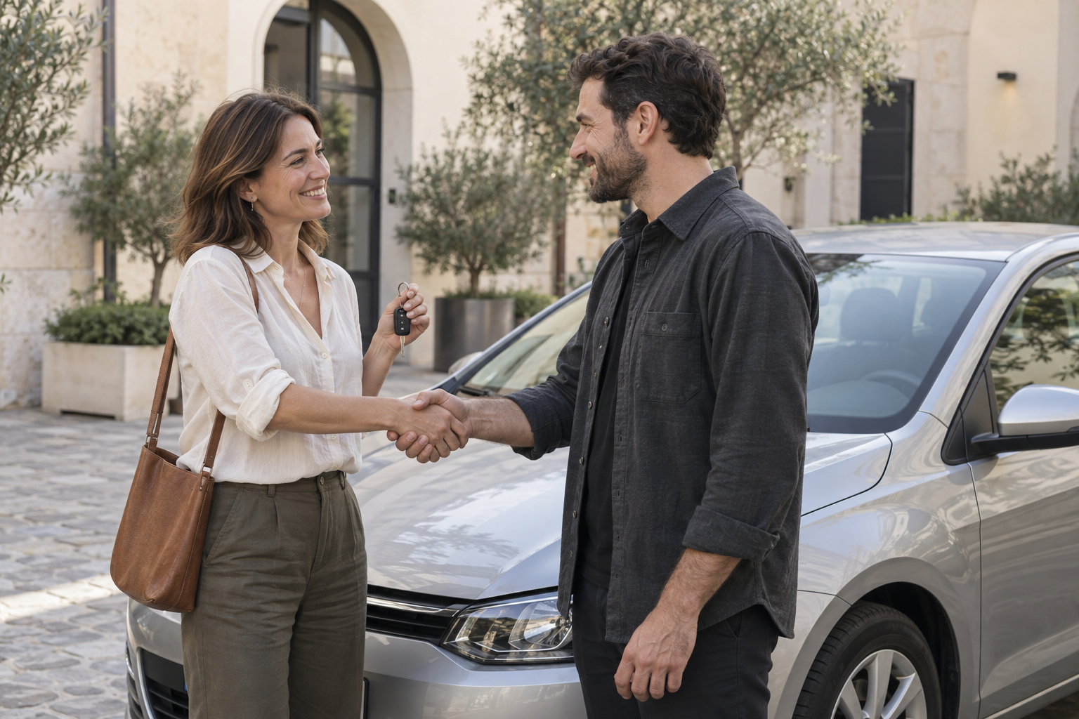 Due persone si stringono la mano accanto a un’auto, con le chiavi pronte per la consegna